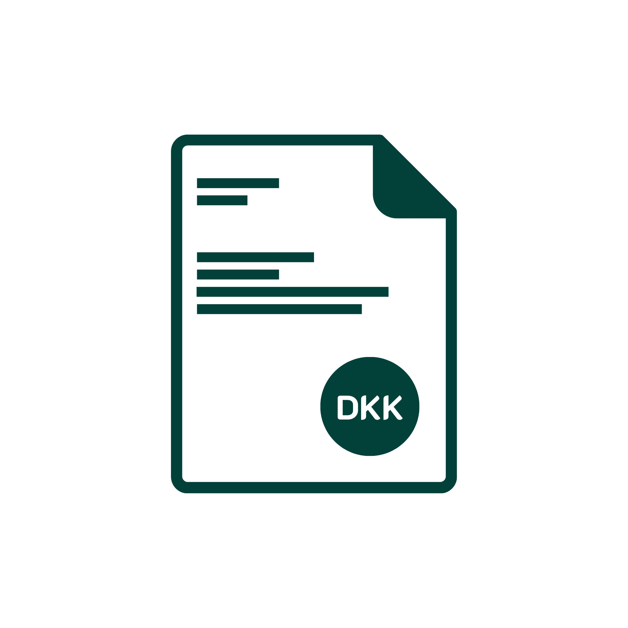 Ikon af et dokument med tekstlinjer og en cirkel med "DKK" (danske kroner), der symboliserer en faktura, regning eller økonomisk dokumentation.