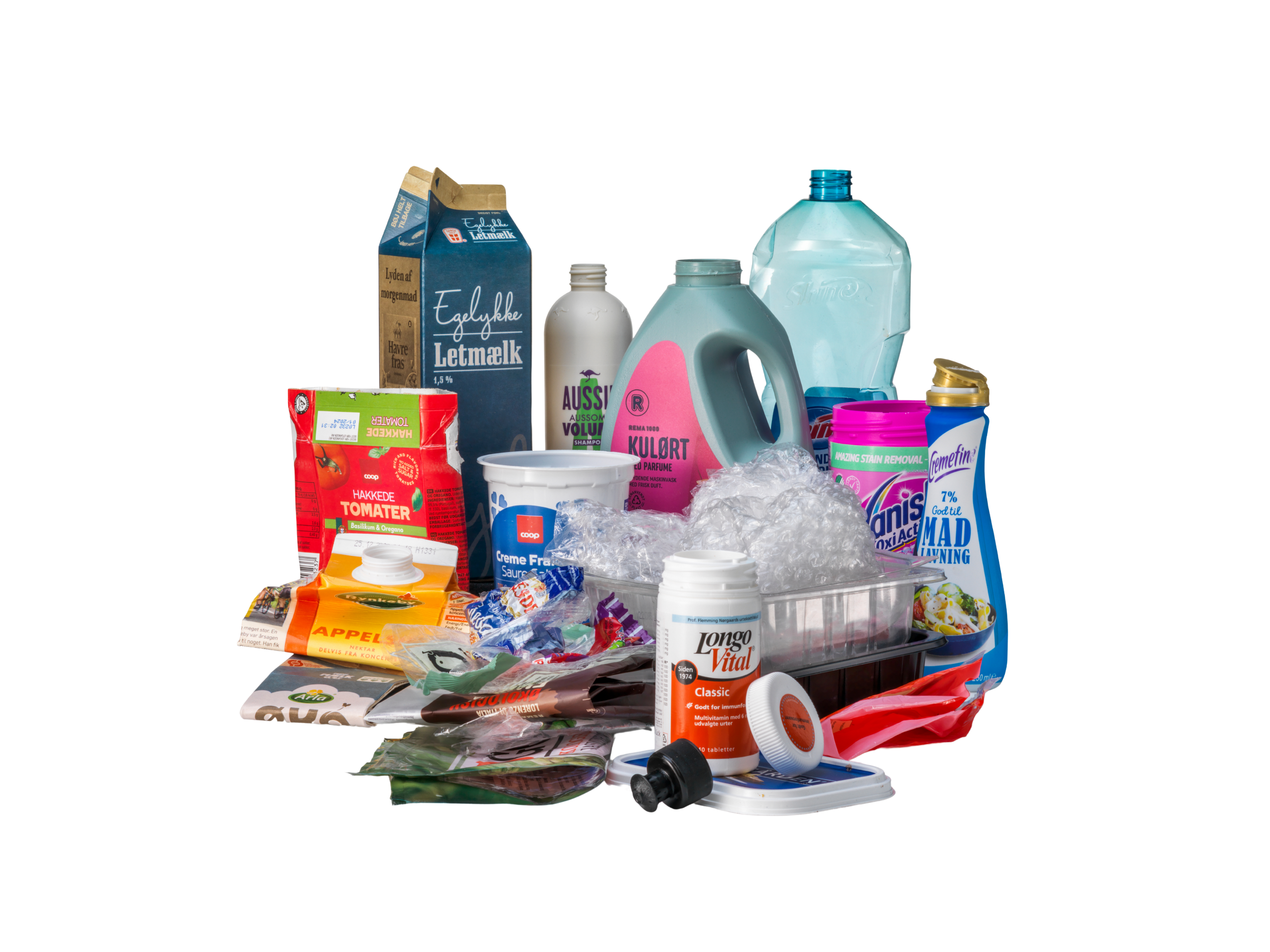 Plast og Mad- & Drikkekartoner:  Tomme flasker shampoo og skyllemiddel, tomme bøtter fra vitaminpiller og tomme kartoner fra mælk, juice og lignende