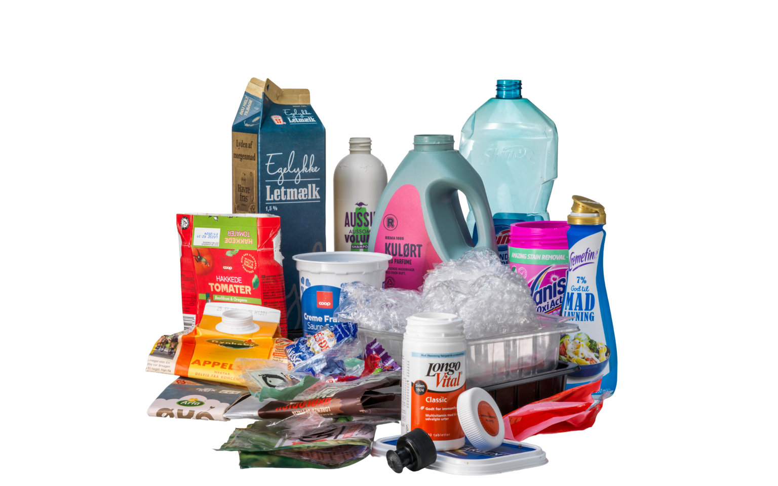 Plast og Mad- & Drikkekartoner: Tomme flasker shampoo og skyllemiddel, tomme bøtter fra vitaminpiller og tomme kartoner fra mælk, juice og lignende