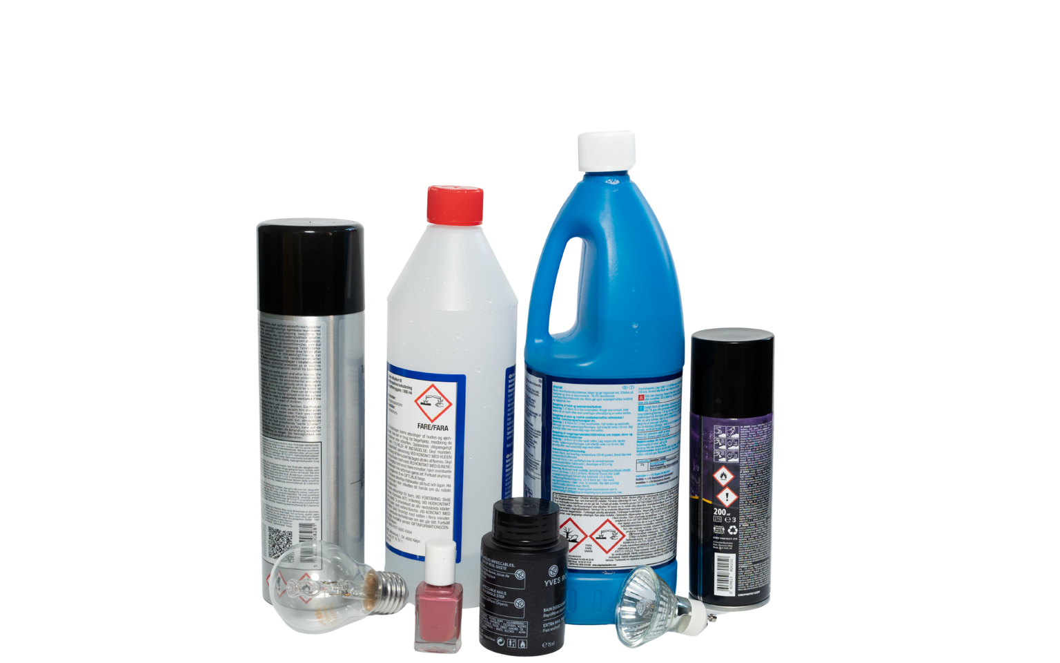 Farligt affald – Spraydåser, kemikalieflasker og andre farlige materialer, der kræver særlig bortskaffelse.