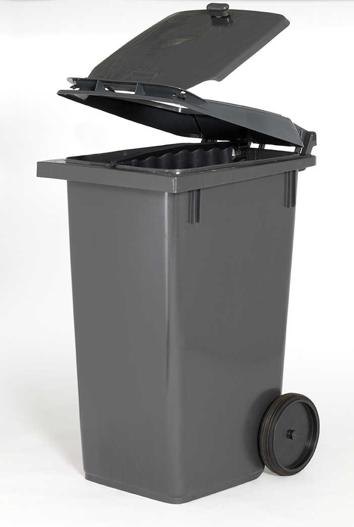 Grå affaldsbeholder med låg-i-låg-løsning, hvor det øverste låg er åbent, og det indvendige låg kan åbnes fra begge sider. Designet gør det lettere at smide affald i beholderen uden at skulle vende den på tømmedagen.