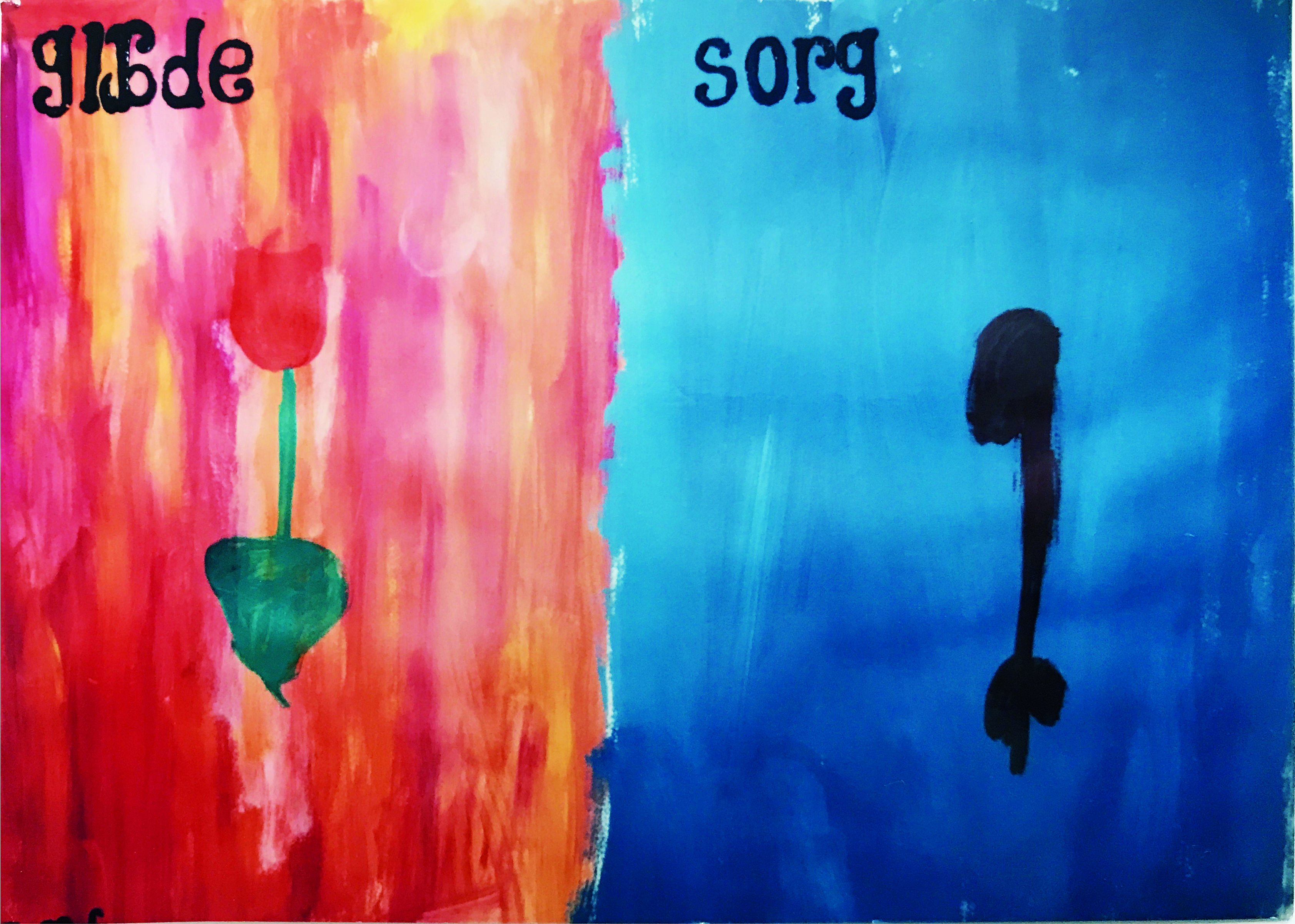 Maleri med blomster der udtrykker sorg - malet af barn