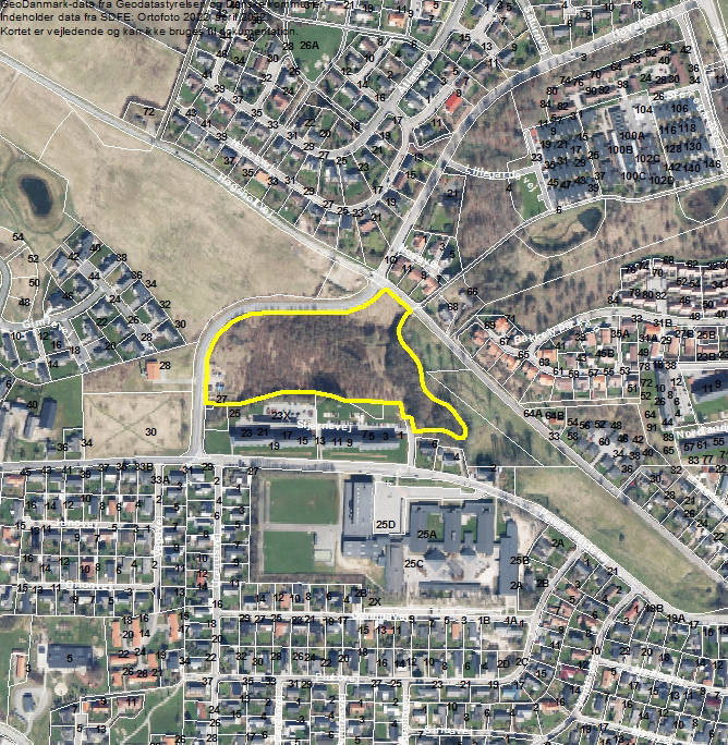 Lokalplanområdets afgrænsning vist på luftfoto