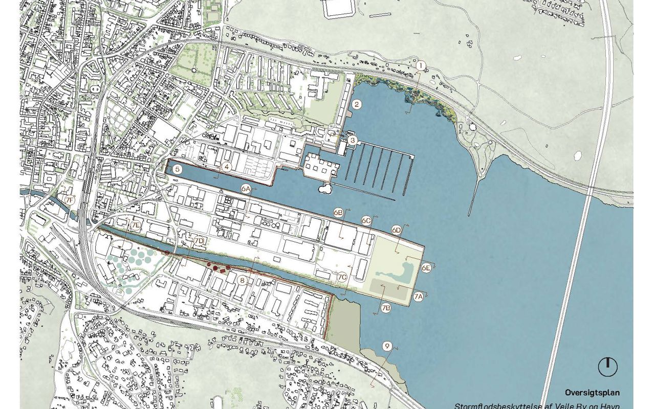 Oversigtsplan for kommunalt fællesprojekt til stormflodsbeskyttelse af Vejle midtby