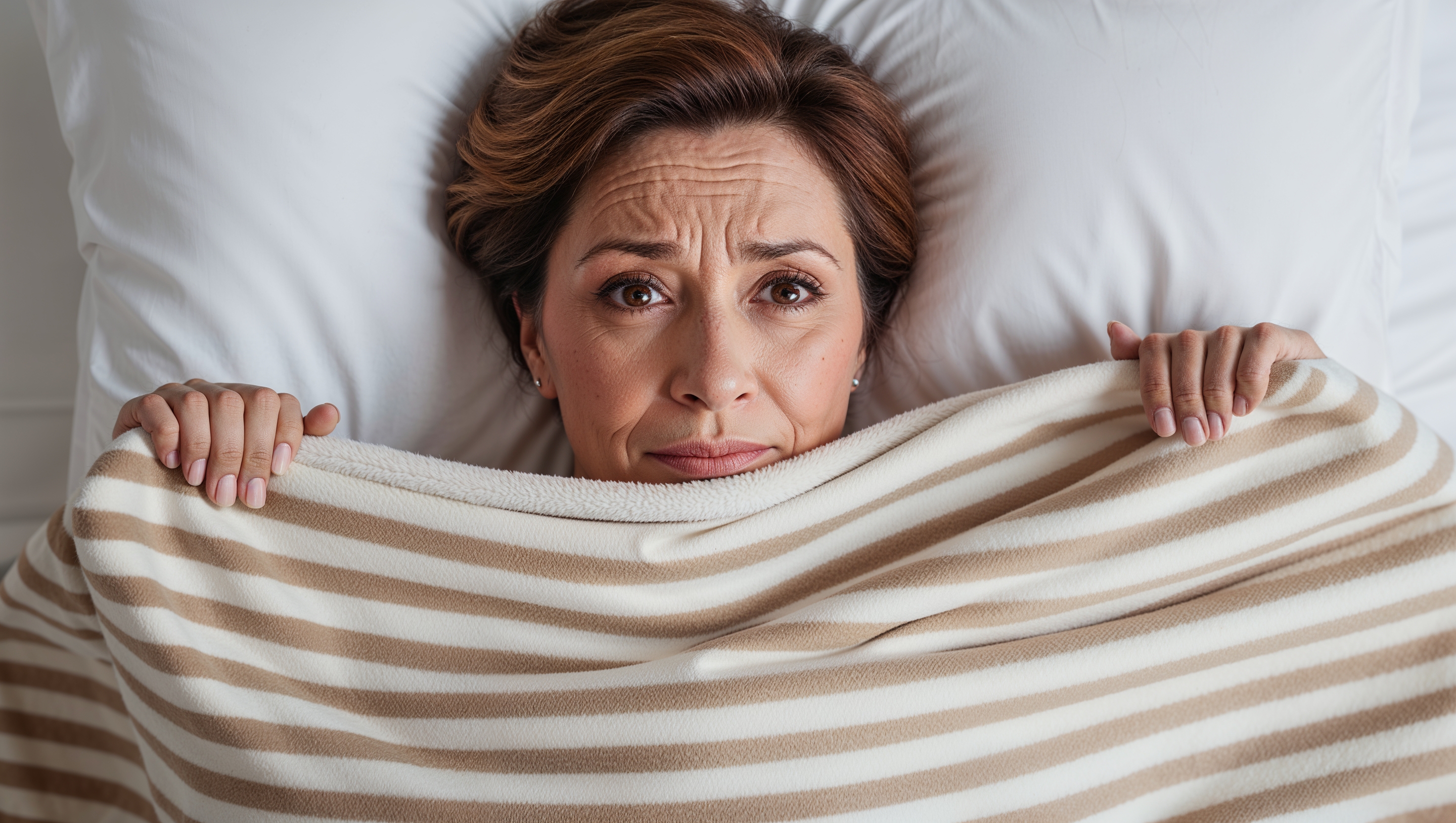 Kvinde under sin dyne med åbne øjne
