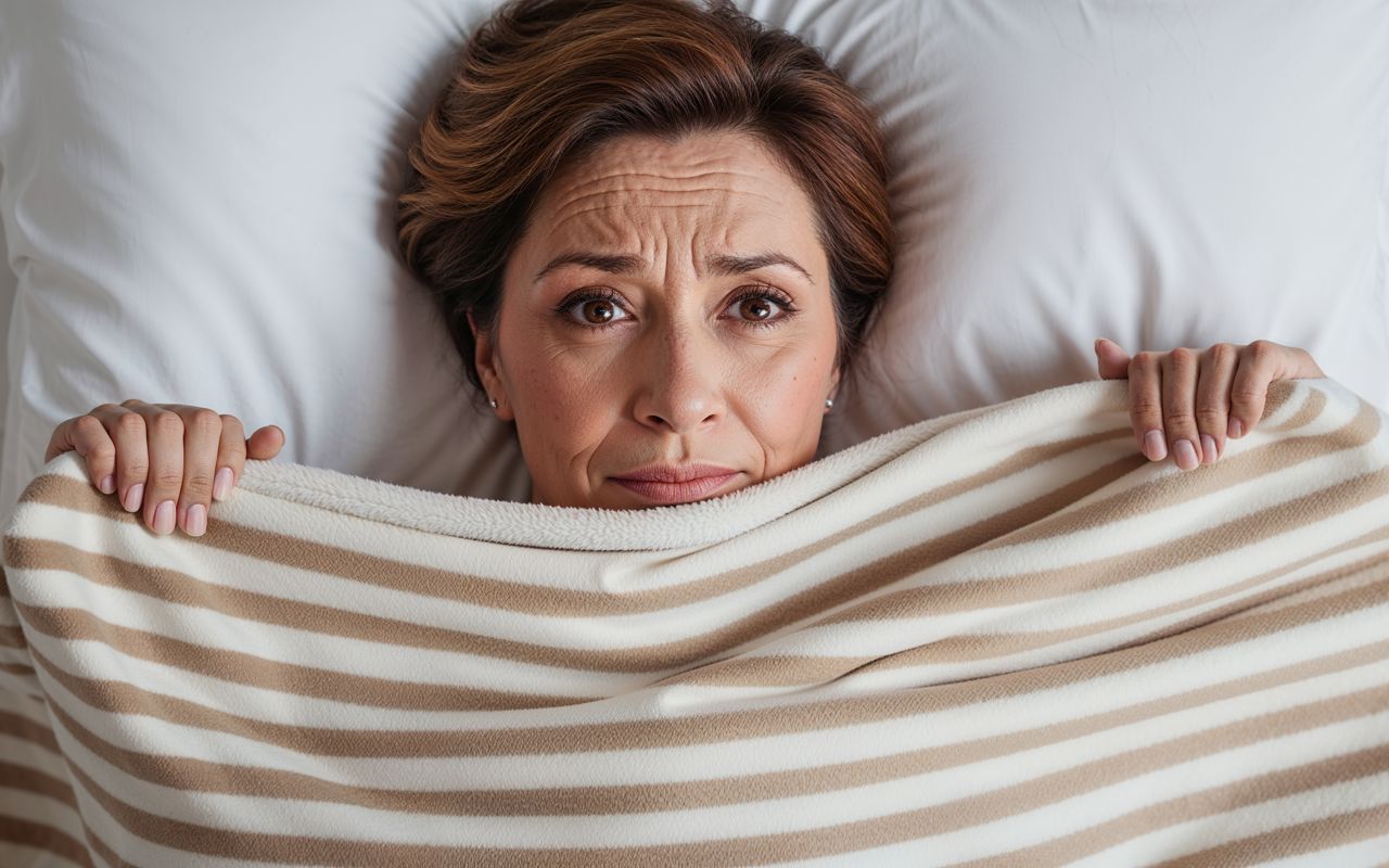 Kvinde under sin dyne med åbne øjne