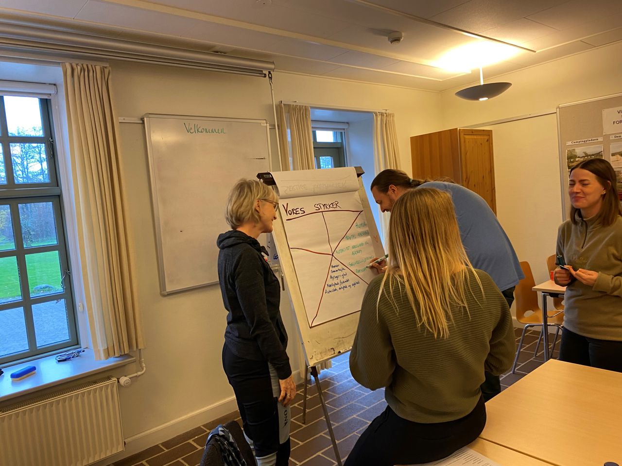 Elever og uddannelseskoordinator Charlotte Samson laver proces på en flipover