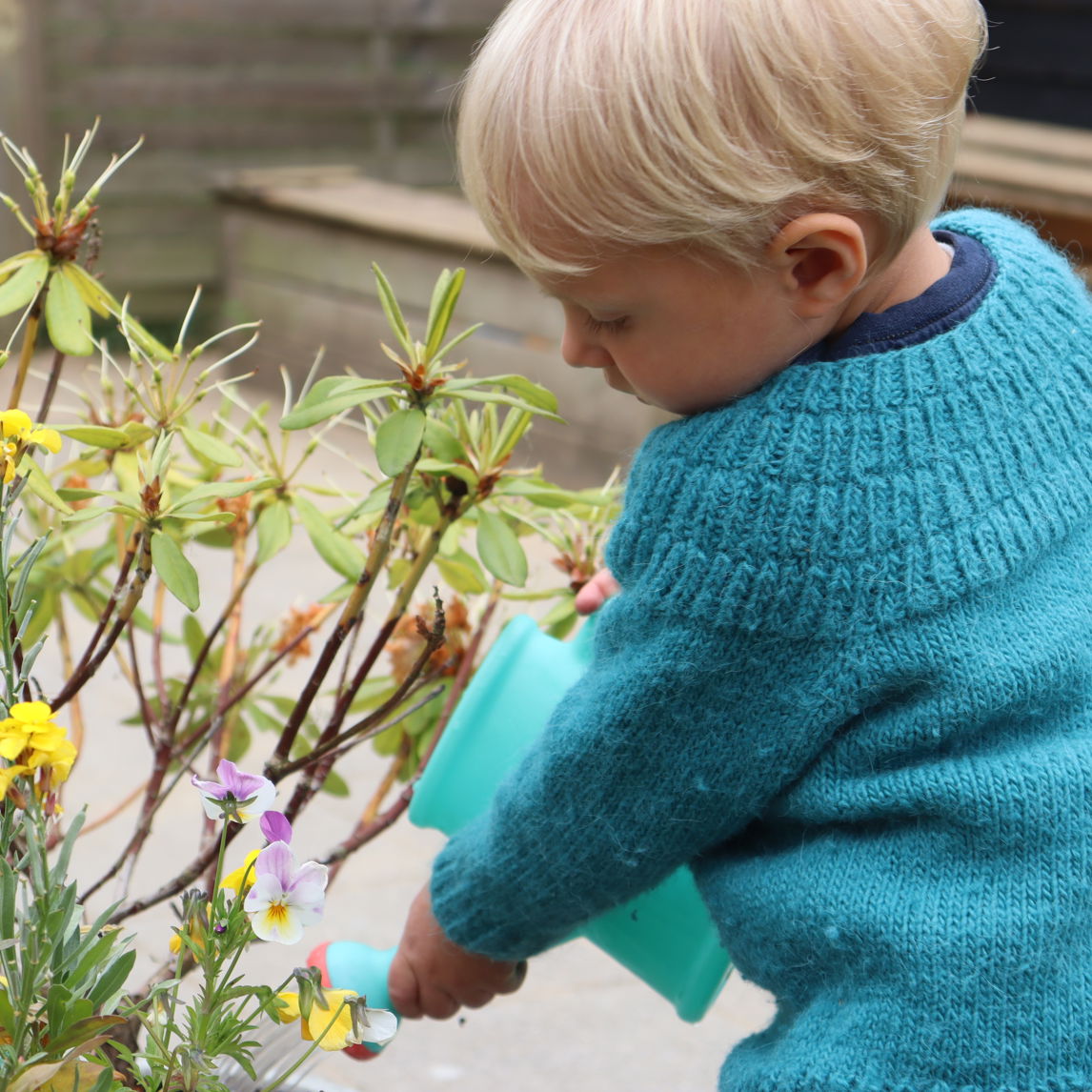 Dreng i Dagpleje vander gule blomster med vandkande