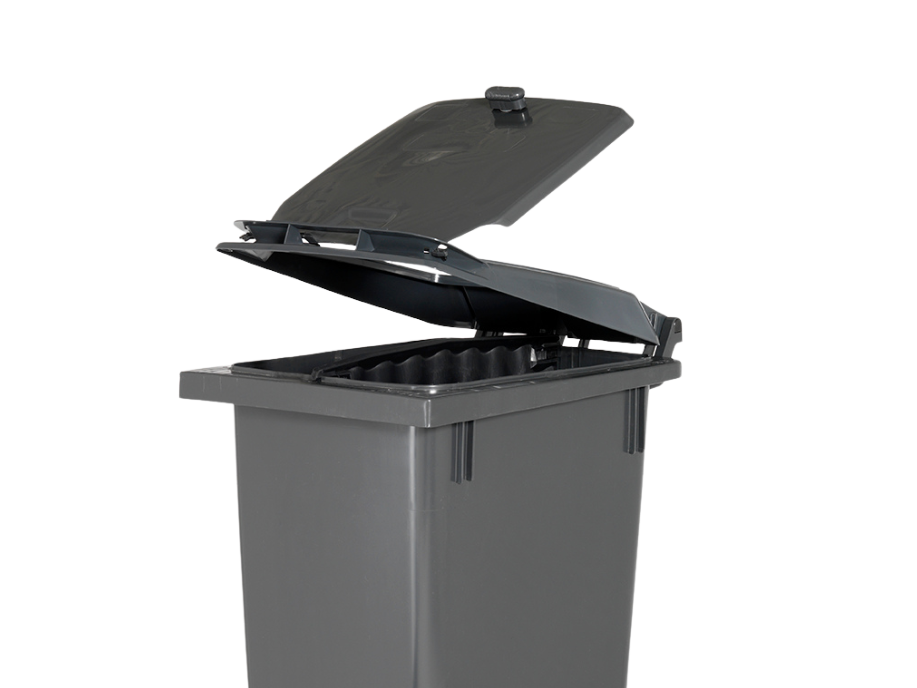 Grå affaldsbeholder med låg-i-låg-løsning, hvor det øverste låg er åbent, og det indvendige låg kan åbnes fra begge sider. Designet gør det lettere at smide affald i beholderen uden at skulle vende den på tømmedagen.