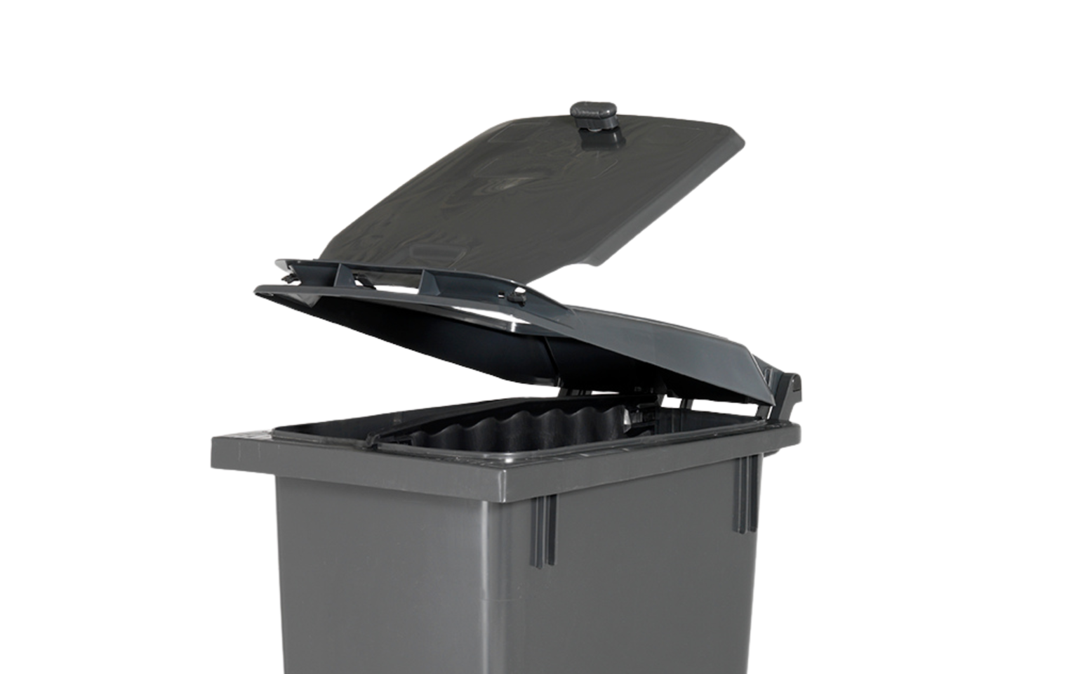 Grå affaldsbeholder med låg-i-låg-løsning, hvor det øverste låg er åbent, og det indvendige låg kan åbnes fra begge sider. Designet gør det lettere at smide affald i beholderen uden at skulle vende den på tømmedagen.