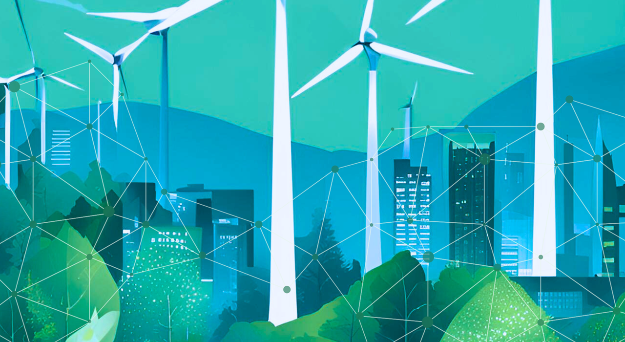 Billede i blå og grønne farver med vindmøller, træer og bygninger. Er header billede på siden.