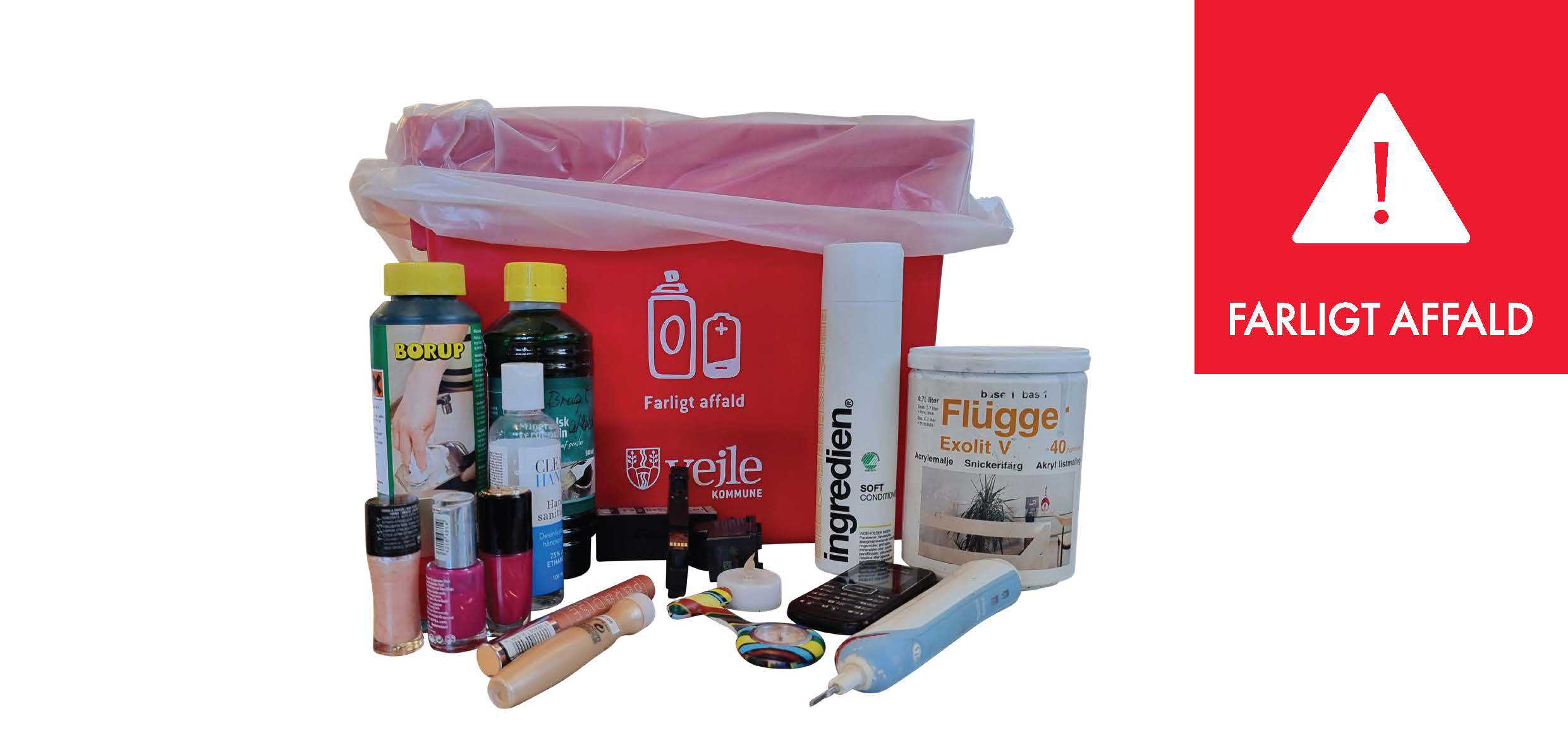 Farligt affald (kemikalier og spraydåser) – En rød affaldscontainer fyldt med maling, spraydåser og kemikalieaffald sammen med piktogrammet for farligt affald.