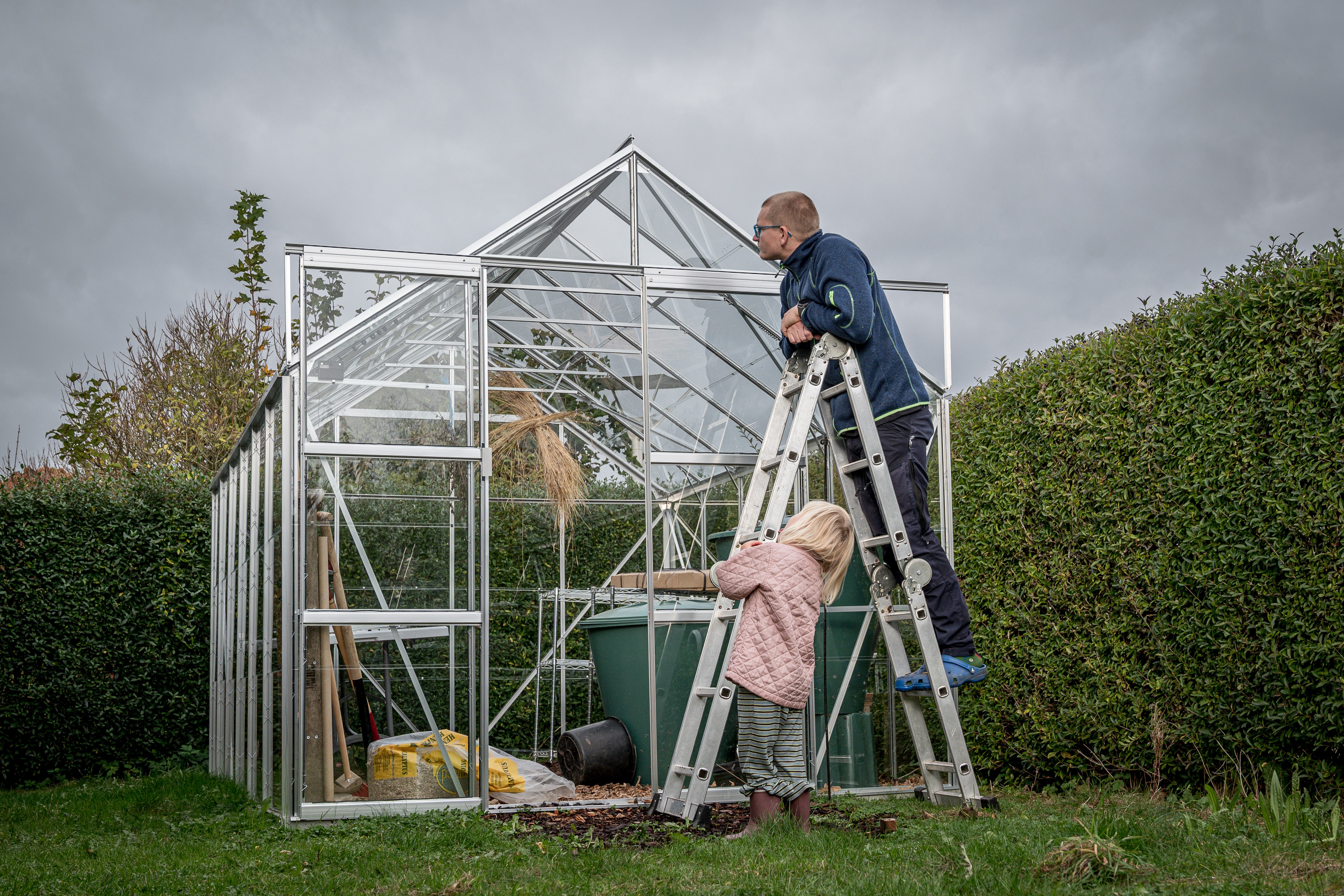 Rasmus står på stigen, som han har lånt fra fællesskuret, og er i gang med at kigge på drivhuset. Ved siden af står hans datter og kigger på.