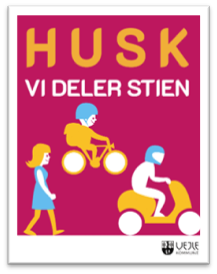 Plakat med husk vi deler stien tekst - en cyklist, en gående og en på knallert