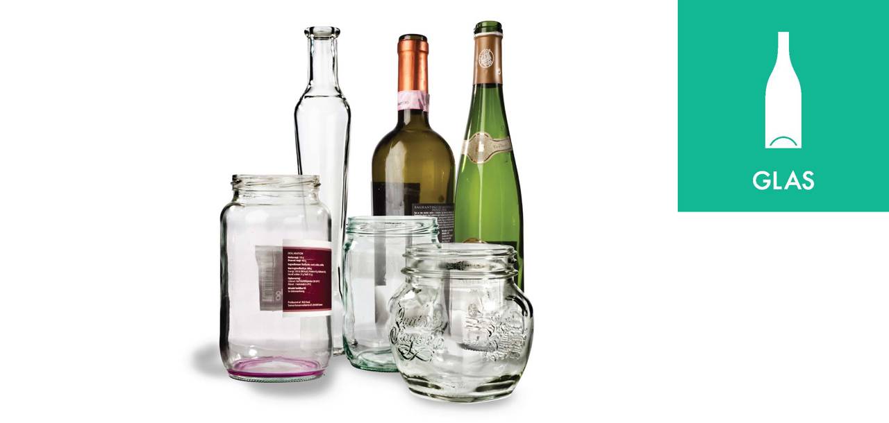 Tomme vinflasker og syltetøjsglas sammen med piktogrammet for glas-affald,