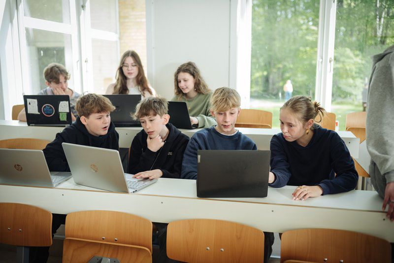 Elever der arbejder sammen ved pc'ere