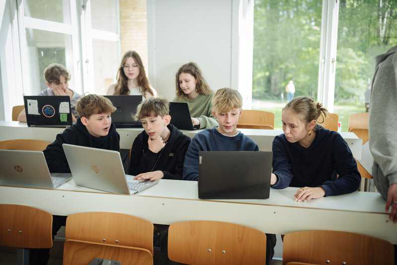 Elever der arbejder sammen ved pc'ere