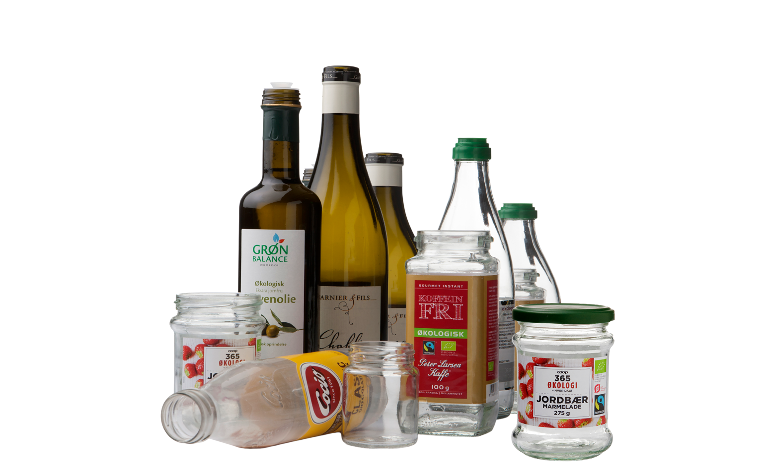 Glasaffald - glasflasker og syltetøjsglas - klar til sortering og genanvendelse.