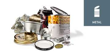 Metaldåser. låg og kapsler sammen med piktogrammet for metal.