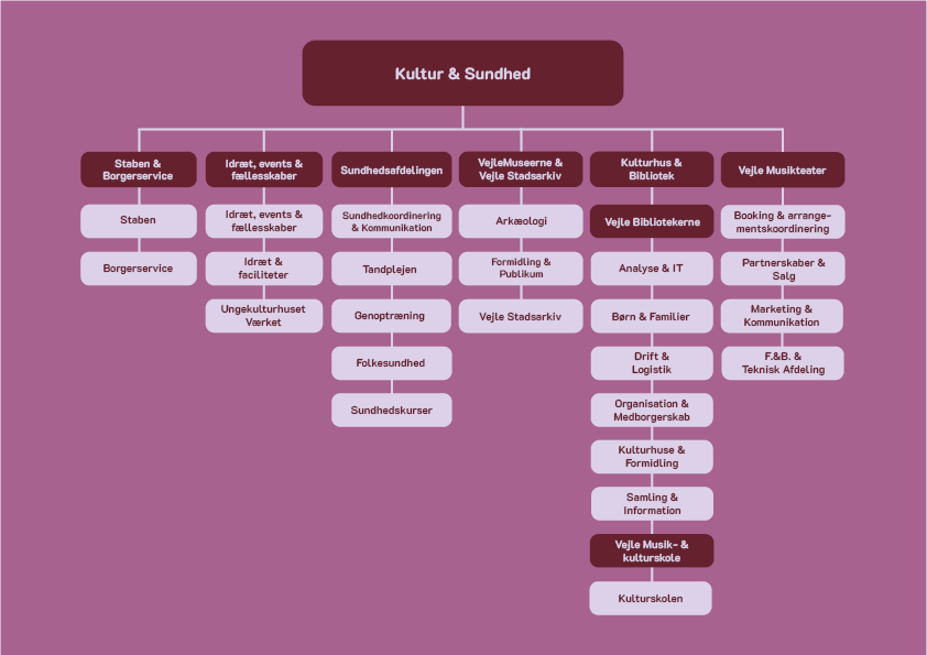 Kultur og Sundhedsforvaltningen består af 6 afdelinger under direktøren: 1: Staben og Borgerservice, 2: Idræt, events og fællesskaber, 3: Sundhedsafdelingen, 4: Vejle Museerne og Vejle Stadsarkiv, 5: Kulturhus og bibliotek, - herunder Vejle Musik- og Kulturskole, 6: Vejle Musikteater