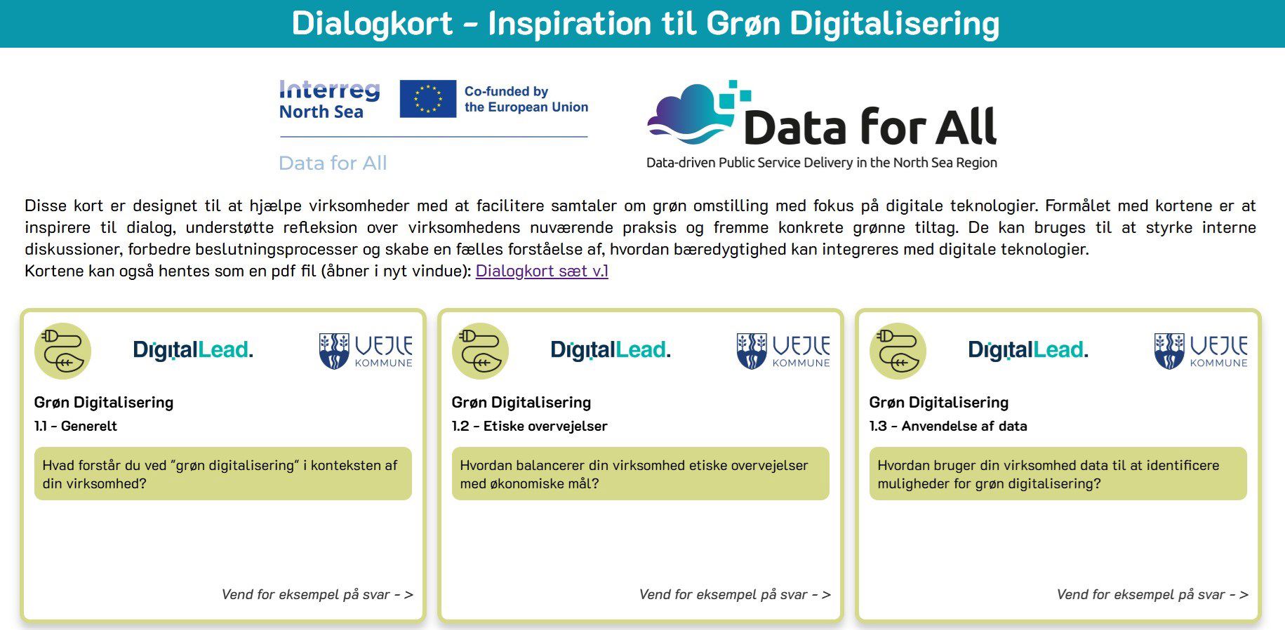 Indeholder et billedudsnit der viser introduktionstekst samt eksempel på tre dialogkort, der skal til at inspirere til grøn digitalisering.